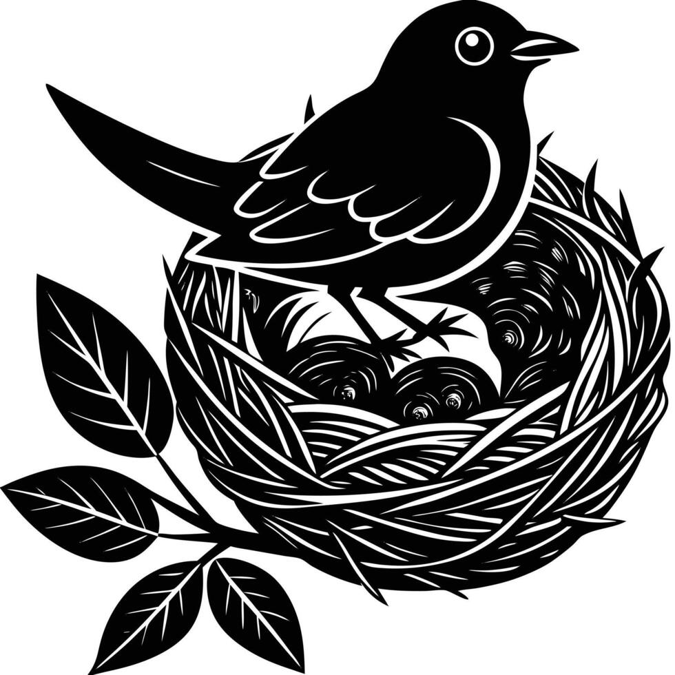 Black and white bird nest with eggs and leaves illustration vector