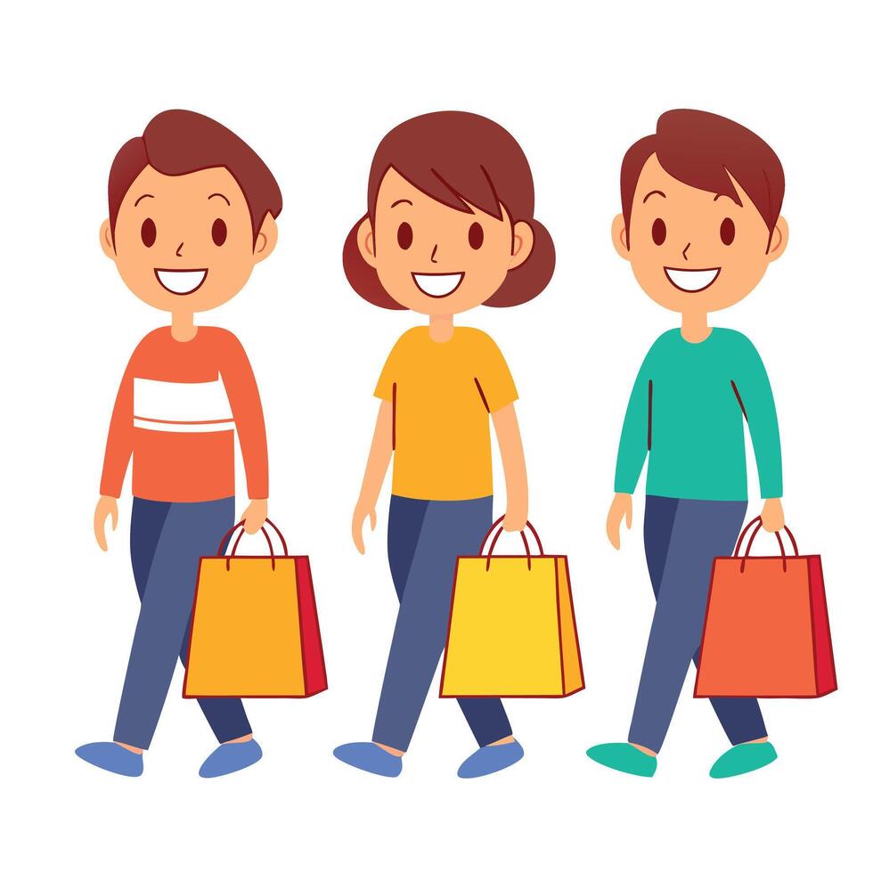 Cartoon people holding shopping bags walking together after purchasing items vector