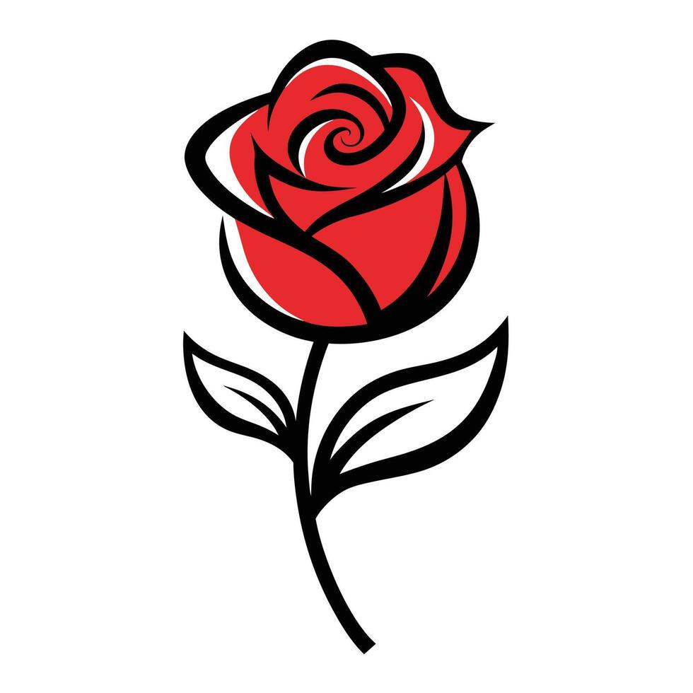 Stylized red rose flower with black outline illustration on white background vector