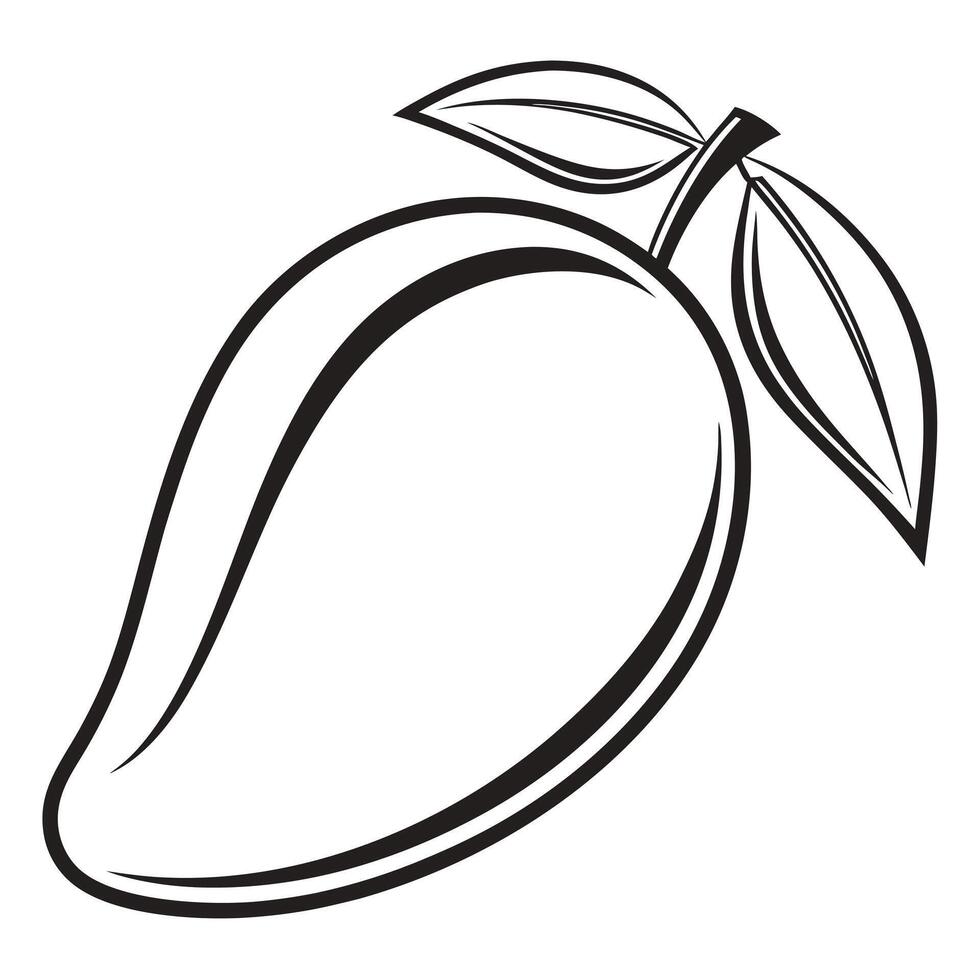 Minimalist mango fruit outline illustration with leaves in black and white style vector