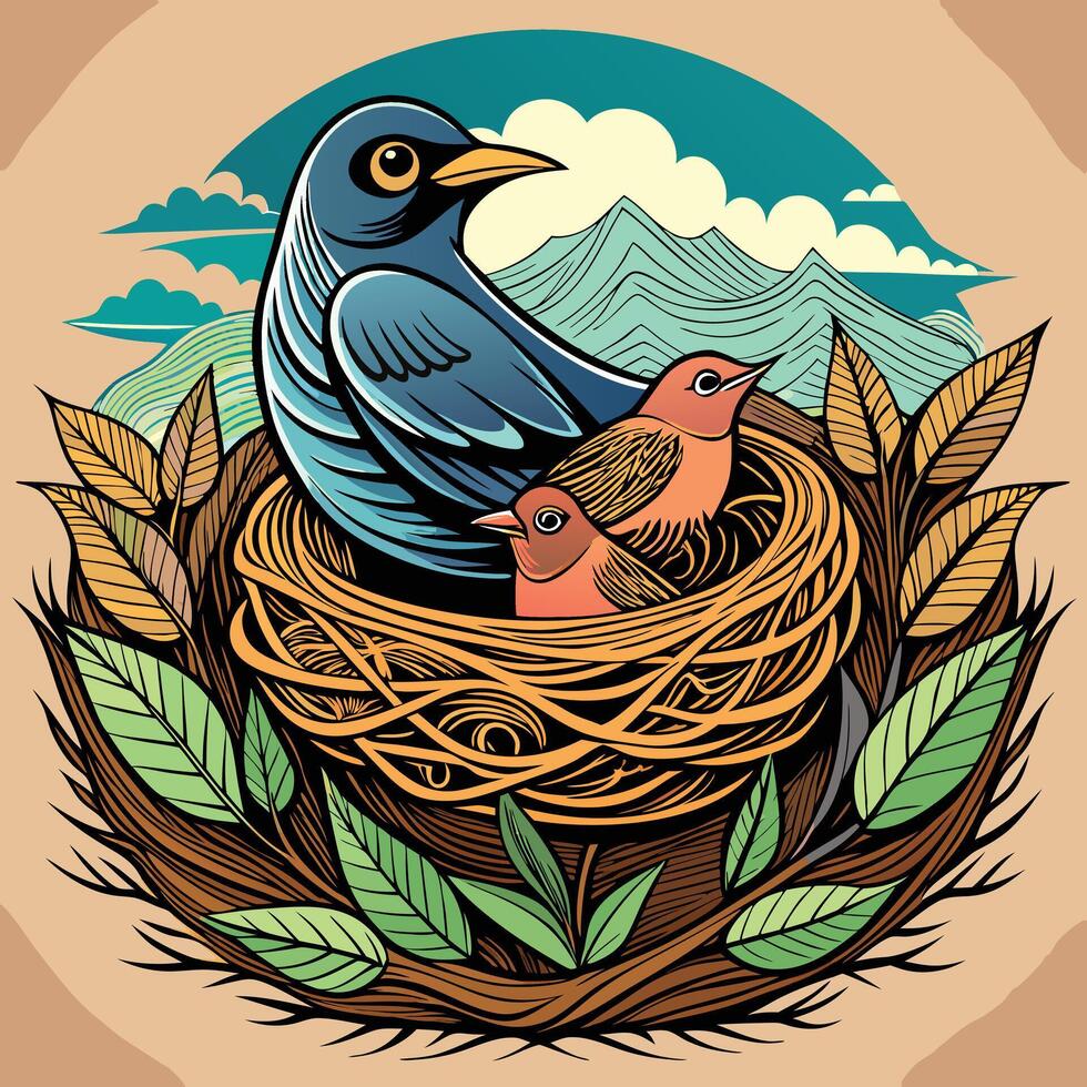 Bird family in nest illustration with mountain background nature concept vector