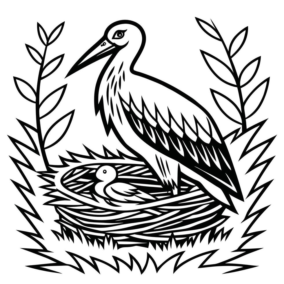 Graphic stork illustration with nest and chick black and white design vector