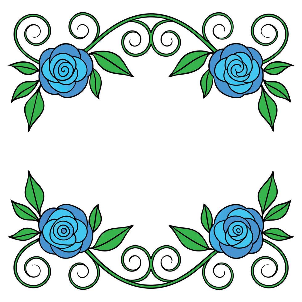 Blue roses frame with swirling vines floral border for invitations and announcements vector