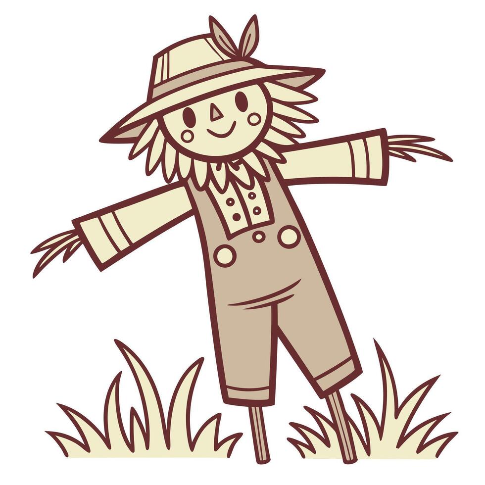 Cute scarecrow cartoon illustration standing in grass ready for autumn season vector