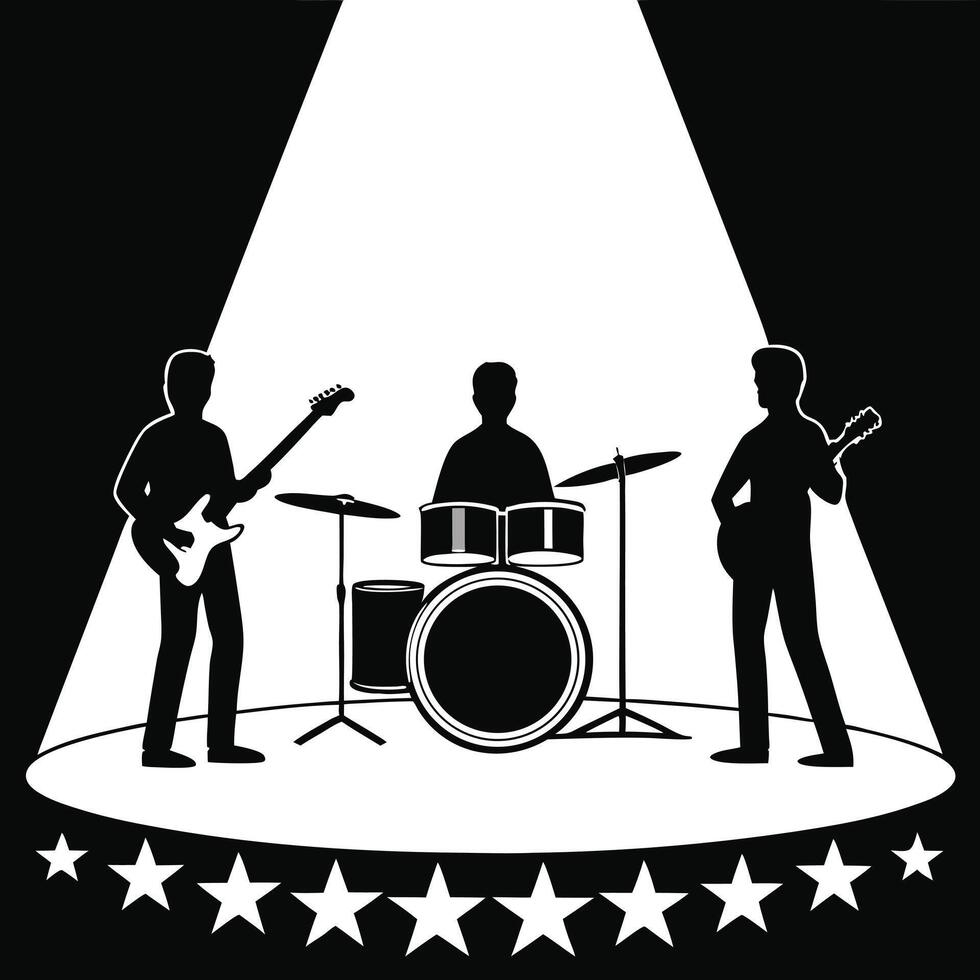 Rock band performing on stage silhouette with spotlights and stars in black and white vector