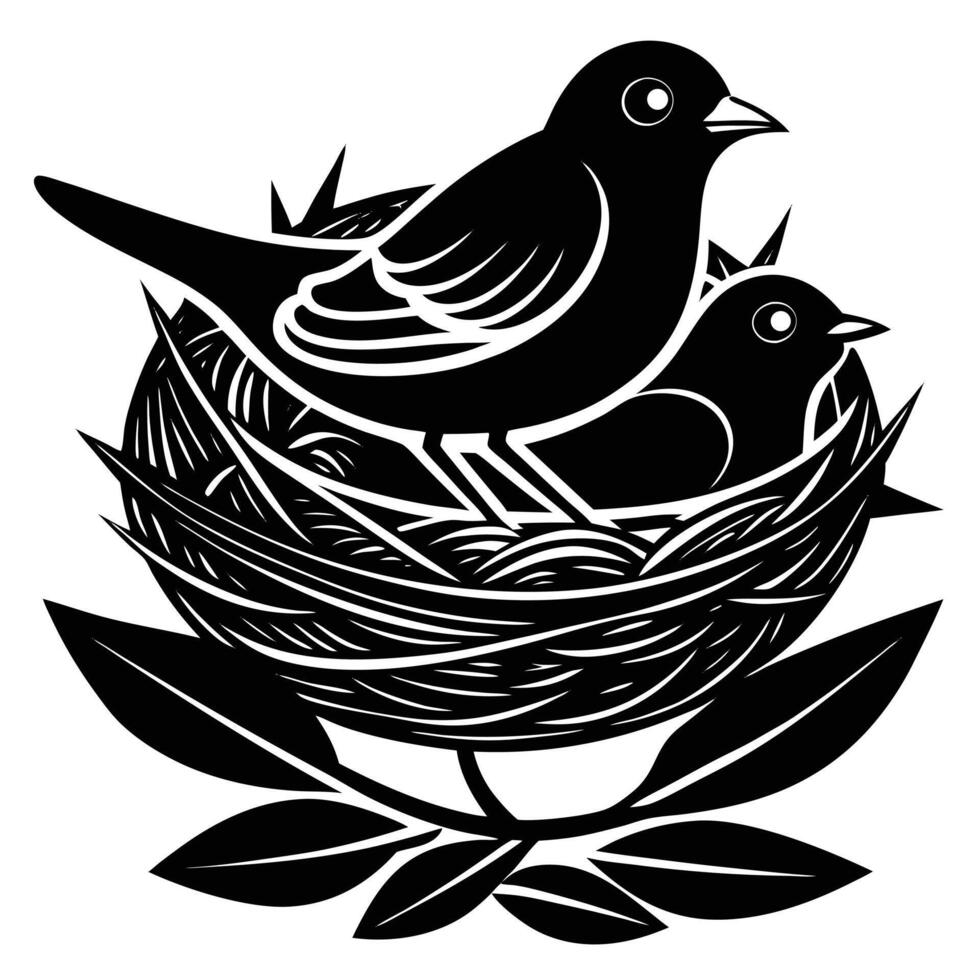 Silhouette illustration of two birds in a nest resting on leaves vector