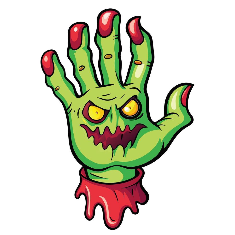 Cartoon zombie hand illustration creepy green skin and red nails art vector