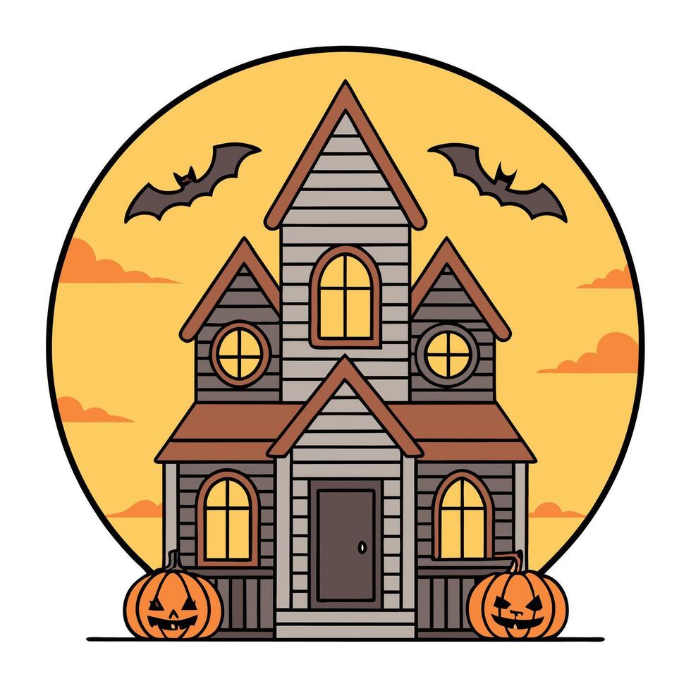 Cartoon style haunted house with pumpkins and bats for halloween season design vector