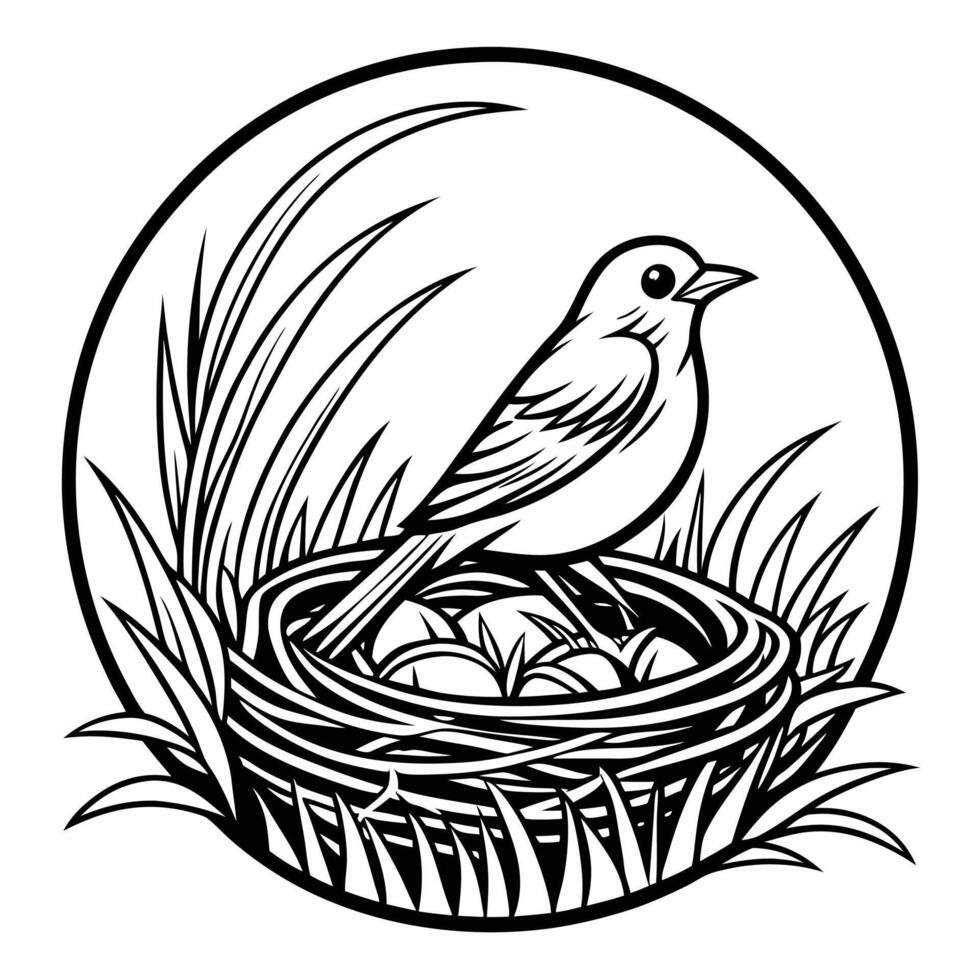 Bird on nest with eggs in grass field illustration black and white vector