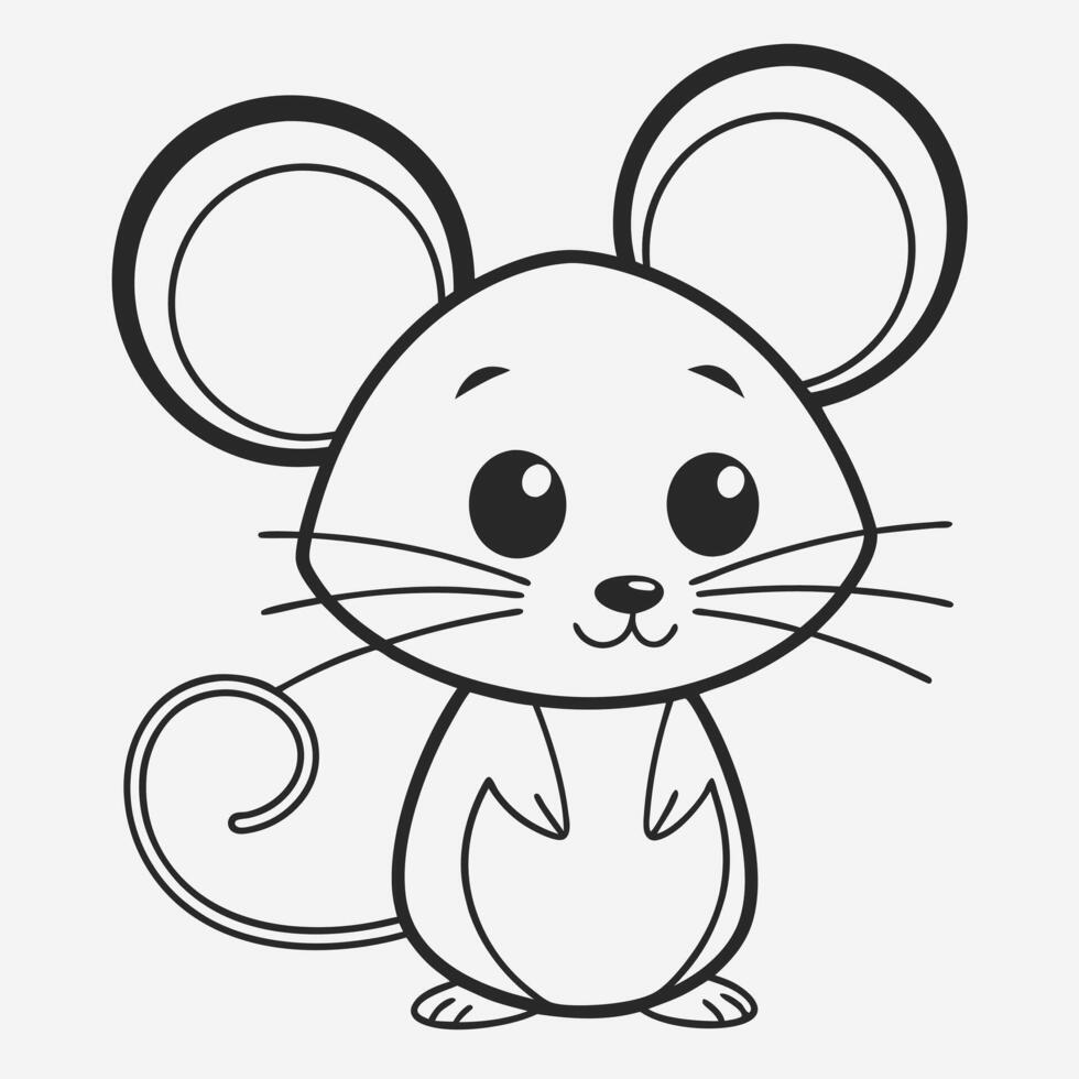 Cute cartoon mouse character with big eyes in black and white outline vector