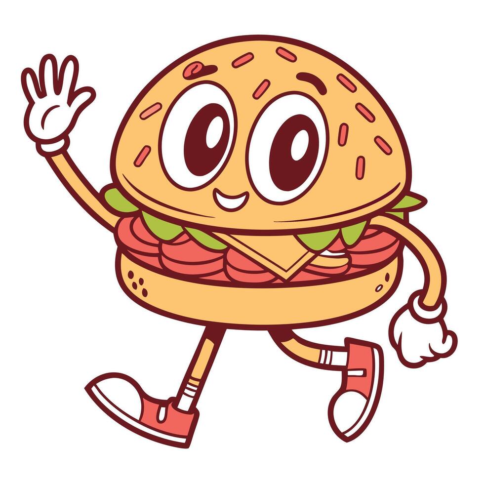 Cartoon burger character waving with friendly expression mascot design illustration vector