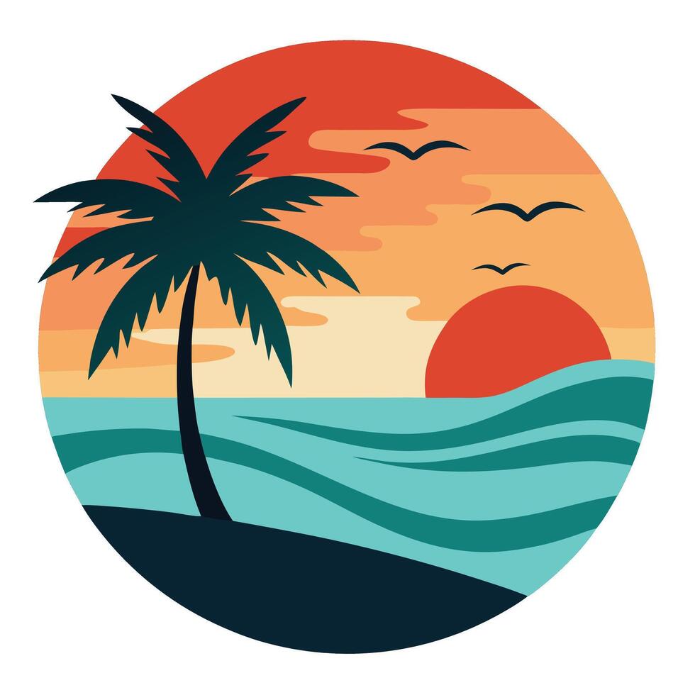 Tropical sunset landscape with palm tree ocean and birds vector