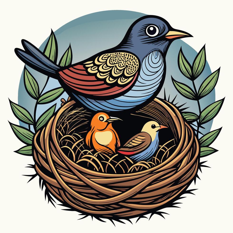 Bird family illustration with nest and leafy branches in cartoon style vector