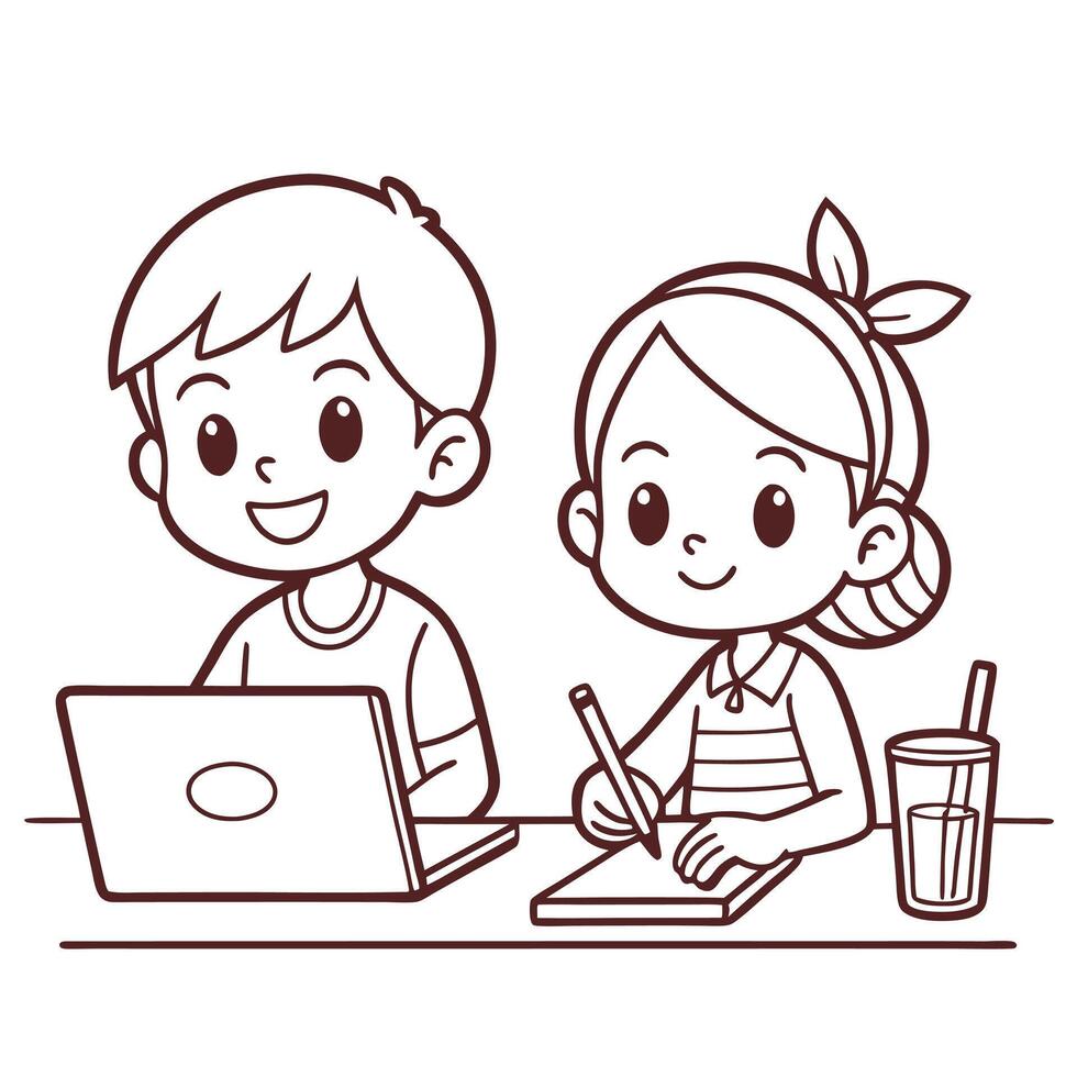 Cartoon kids studying together boy using laptop girl writing in notebook vector