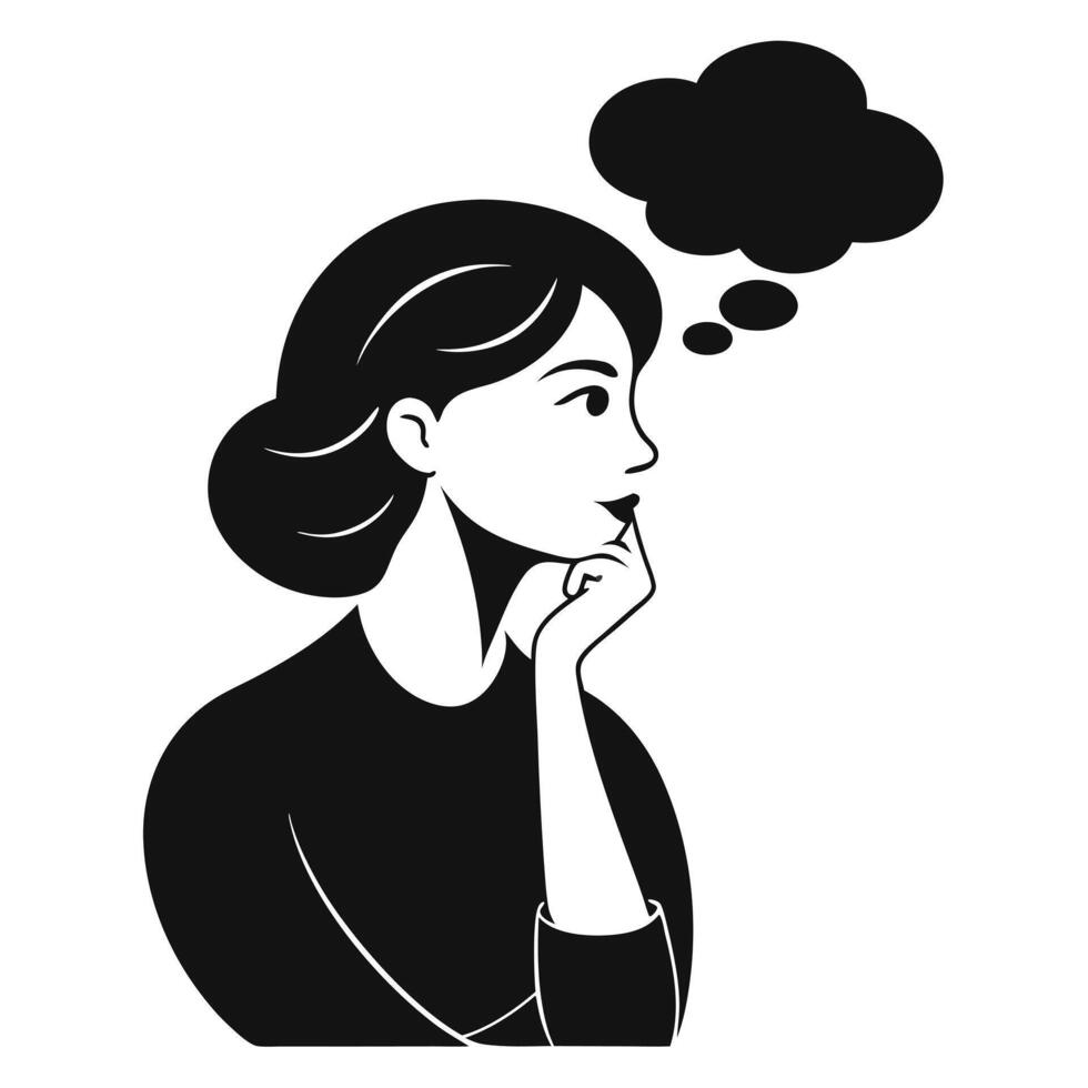 Young woman silhouette portrait thinking with thought bubble graphic representation black and white vector