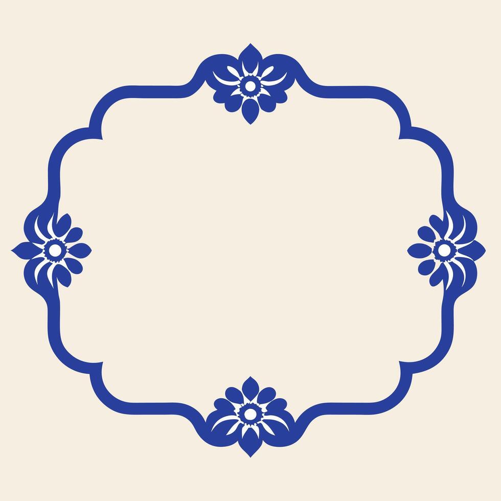 Elegant blue floral frame design with rounded edges on beige background vector