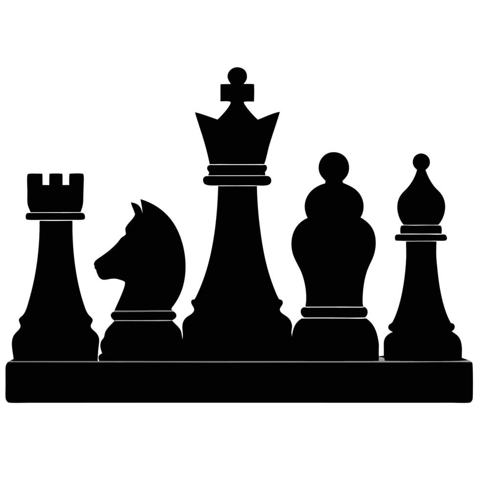 Chess pieces silhouette featuring rook knight king bishop and queen isolated on white background vector
