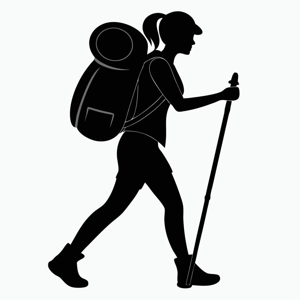 Silhouette of a female hiker with backpack and trekking pole on white background vector
