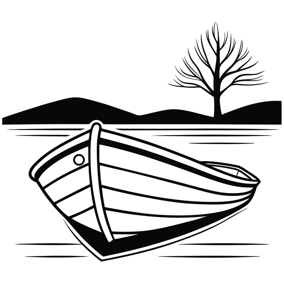 Black and white illustration of a boat on water with a tree background vector