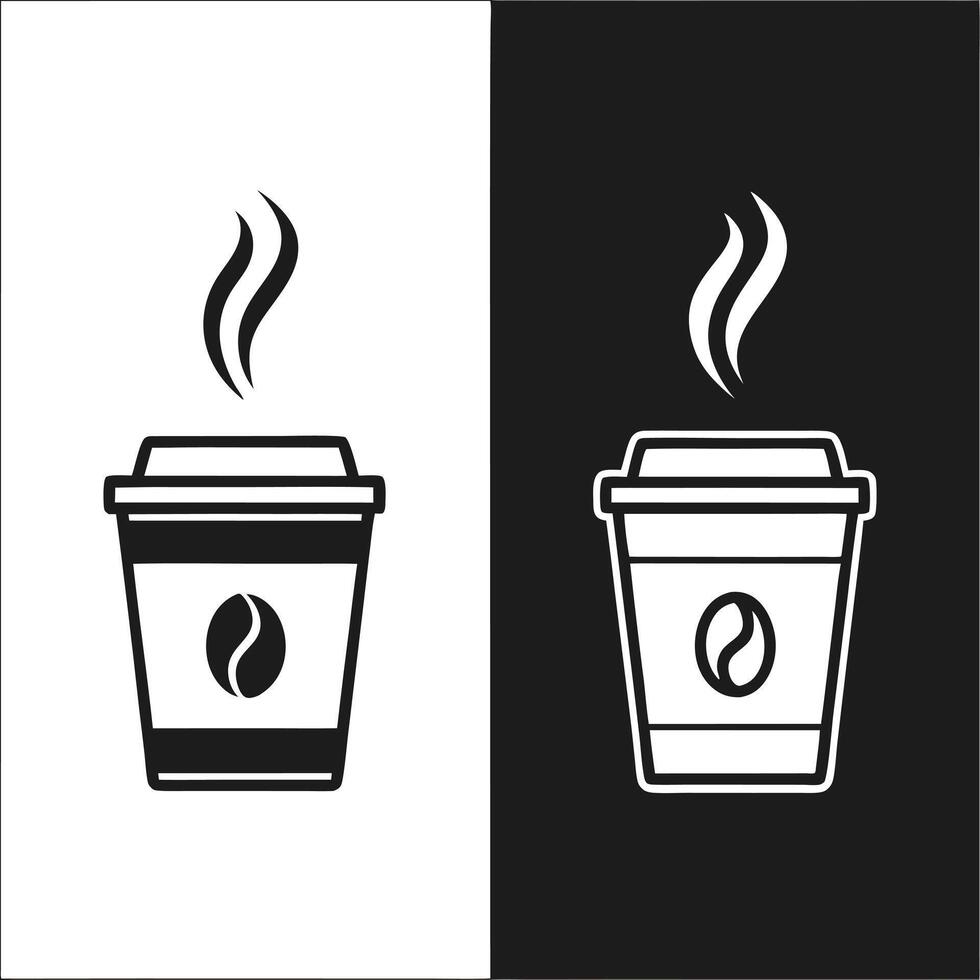 Black and white coffee cup icons with steam and coffee bean silhouette vector
