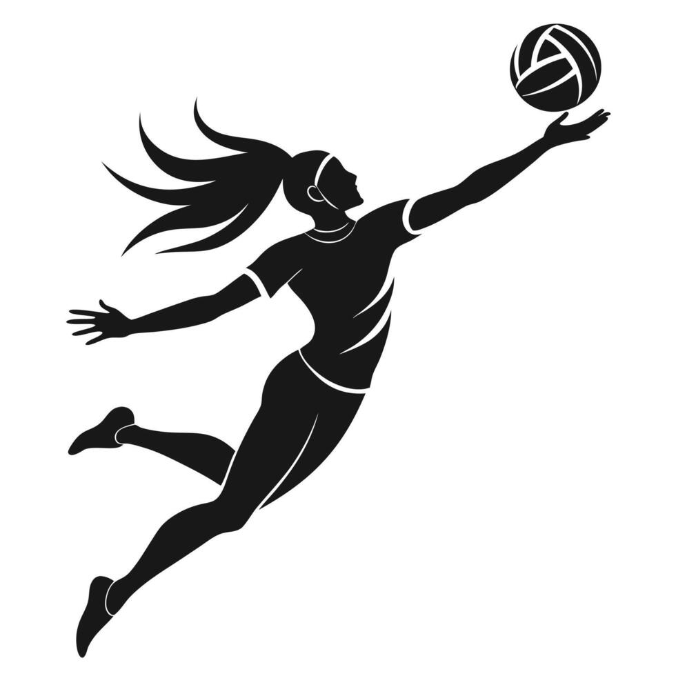 Silhouette of female volleyball player spiking ball during game illustration in black and white vector