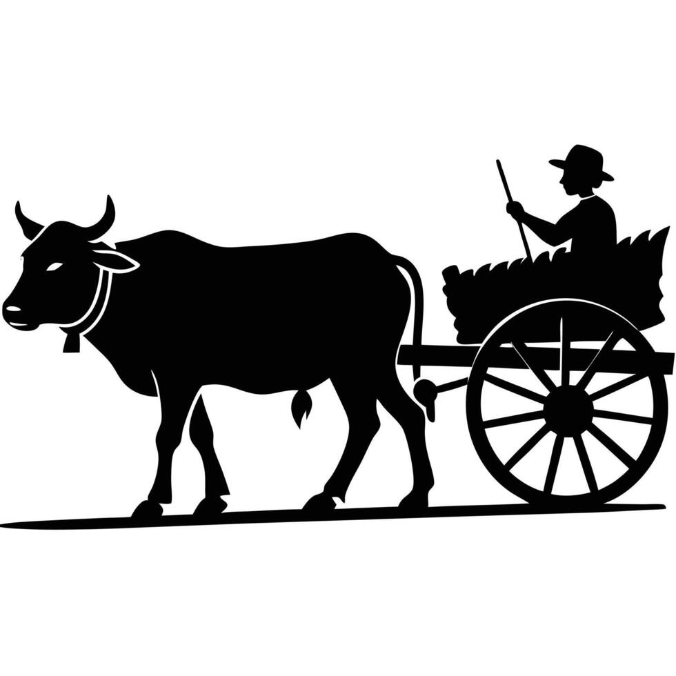 Silhouette of a farmer riding a bullock cart traditional agricultural transportation method vector