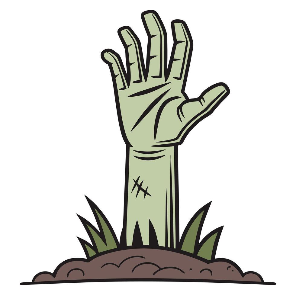 Zombie hand rising from grave illustration cartoon halloween horror graphic vector