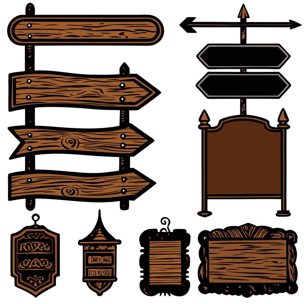 Collection of cartoon wooden signs arrows and decorative boards for navigation and advertisements vector