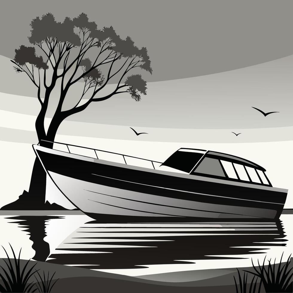 Monochrome art of a motorboat anchored near shore at dusk with birds flying vector