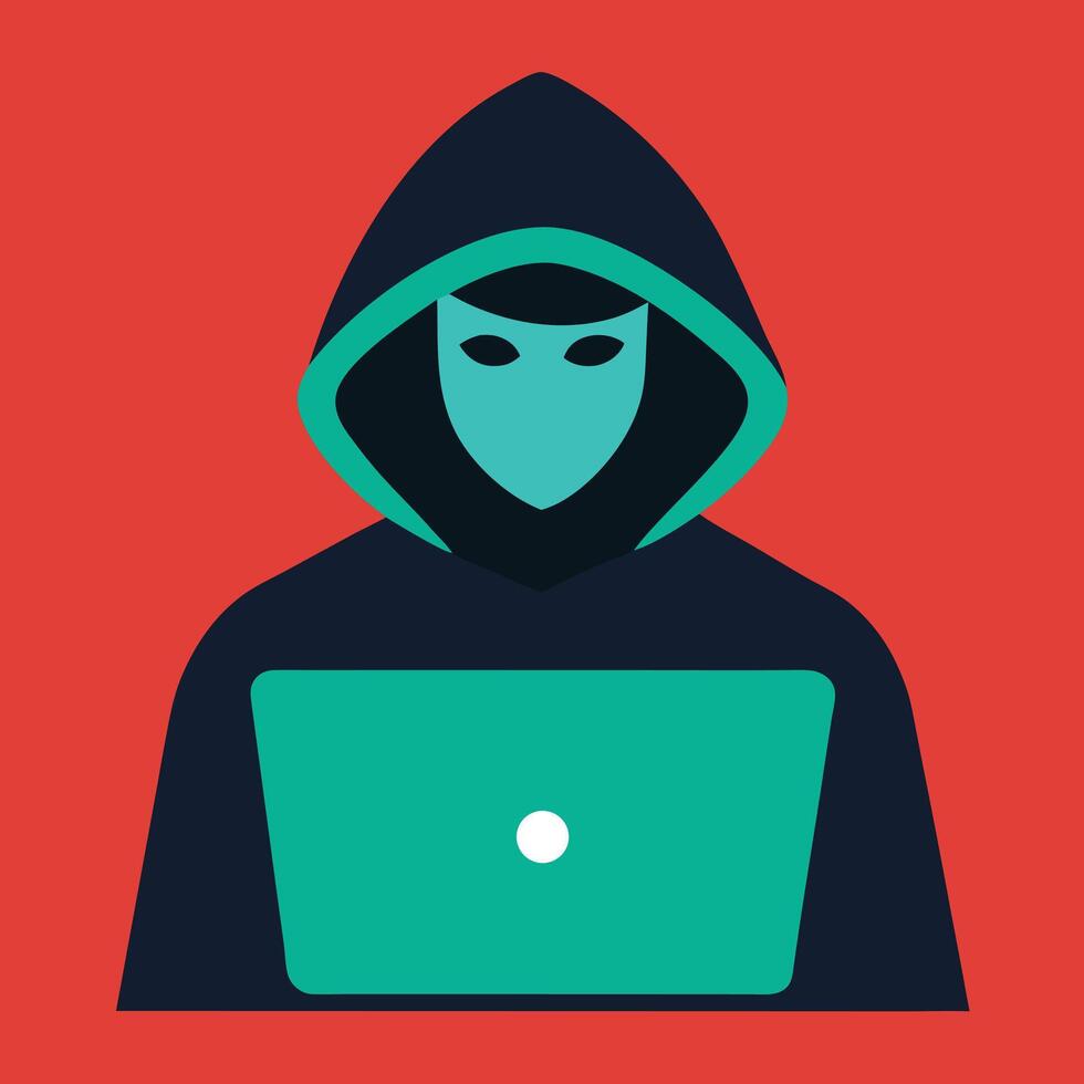 Anonymous hacker with laptop concept for cyber security data protection in flat design vector