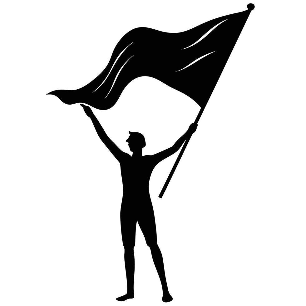 Silhouette illustration of a person holding a large flag symbolizing victory or achievement vector
