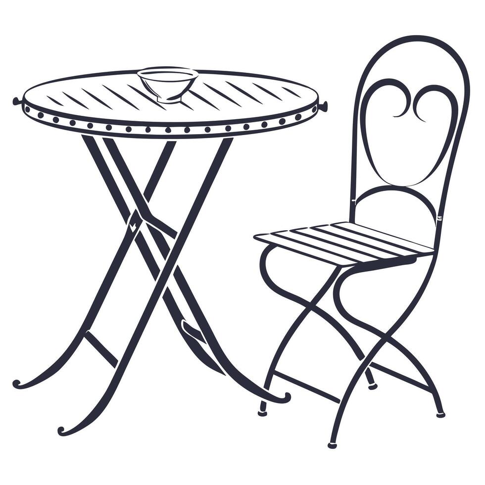 Bistro set outline minimalist illustration of table and chair with bowl vector