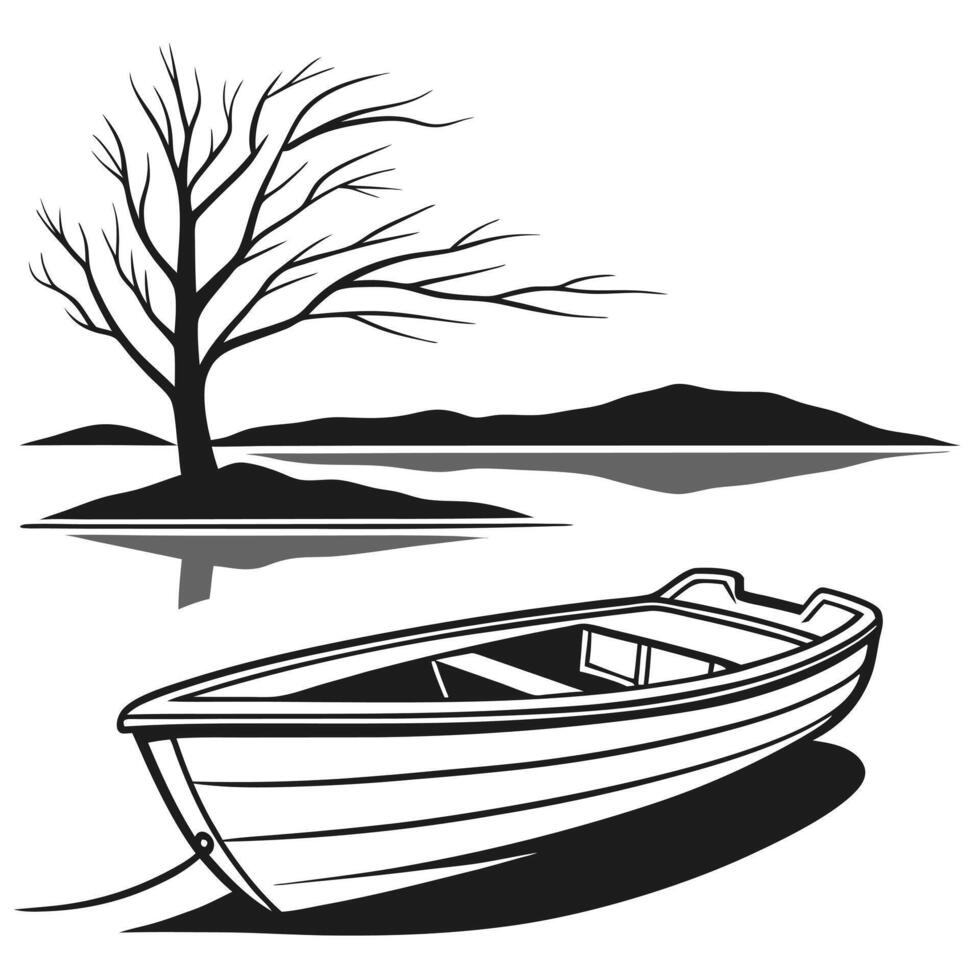Peaceful lakeside scene with lonely boat and bare tree illustration vector