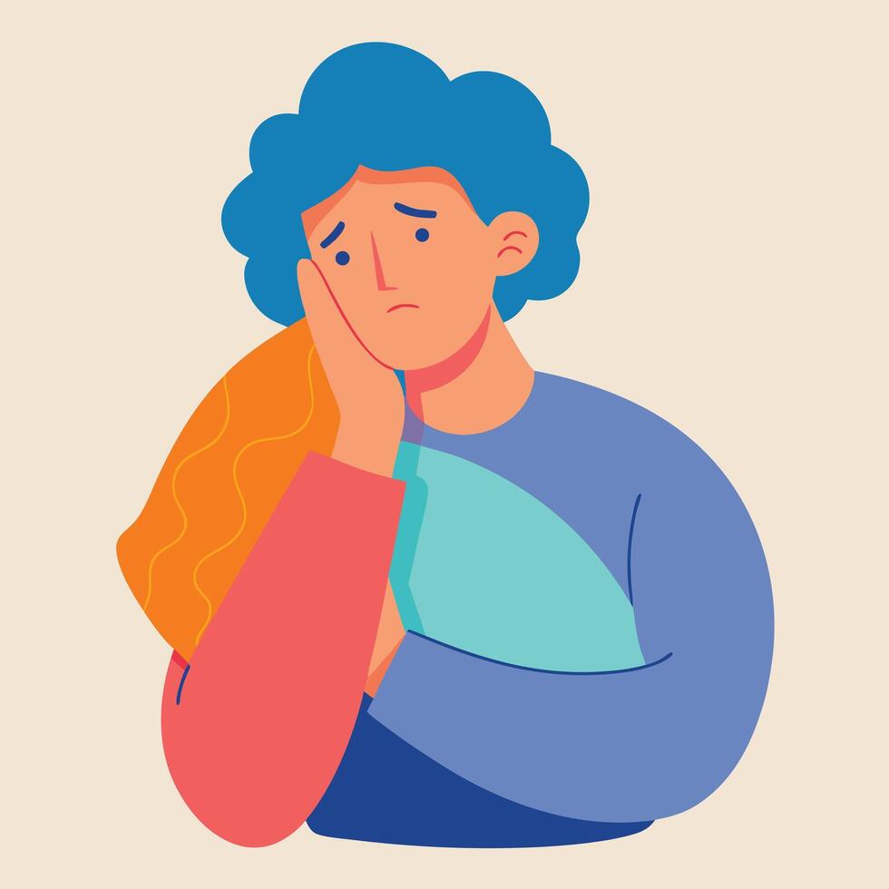 Cartoon style young woman expressing sadness while holding pillow illustration vector