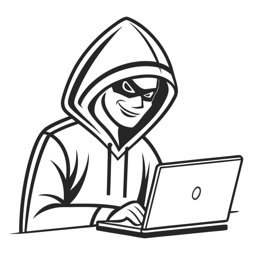 Hacker character with laptop computer monochrome illustration for cyber security themes and internet crime vector