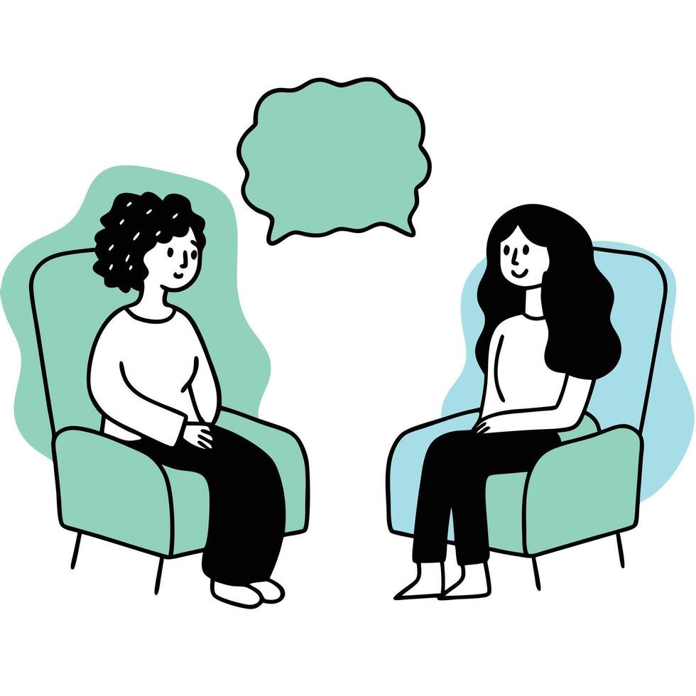 Women in therapy session with speech bubble in doodle style illustration vector