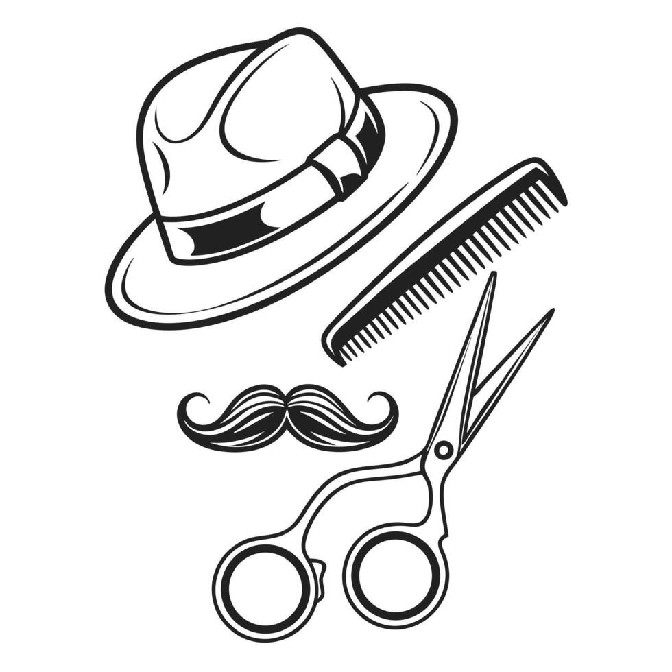 Vintage barber shop elements graphic illustration featuring hat comb scissors and mustache vector