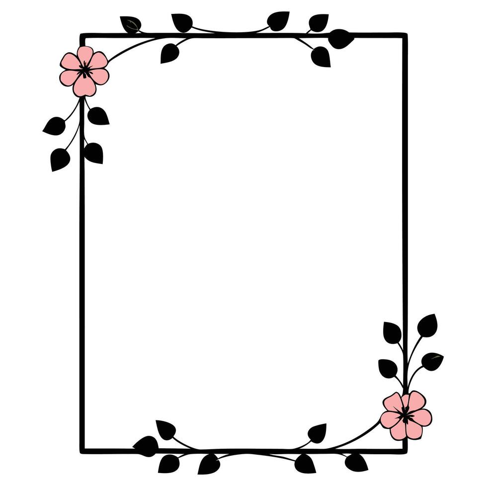 Elegant floral frame with pink flowers and black leaves isolated on white background vector