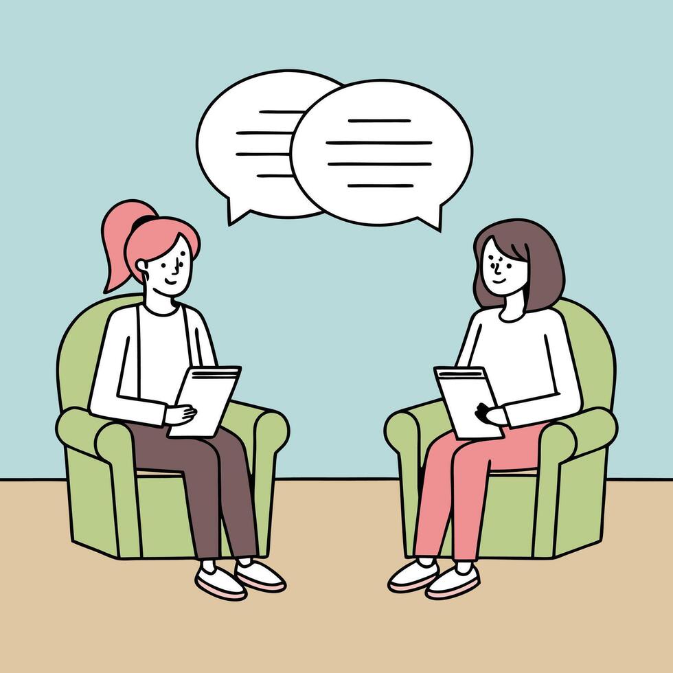 Two people in therapy session cartoon illustration discussing issues in a comfortable setting vector