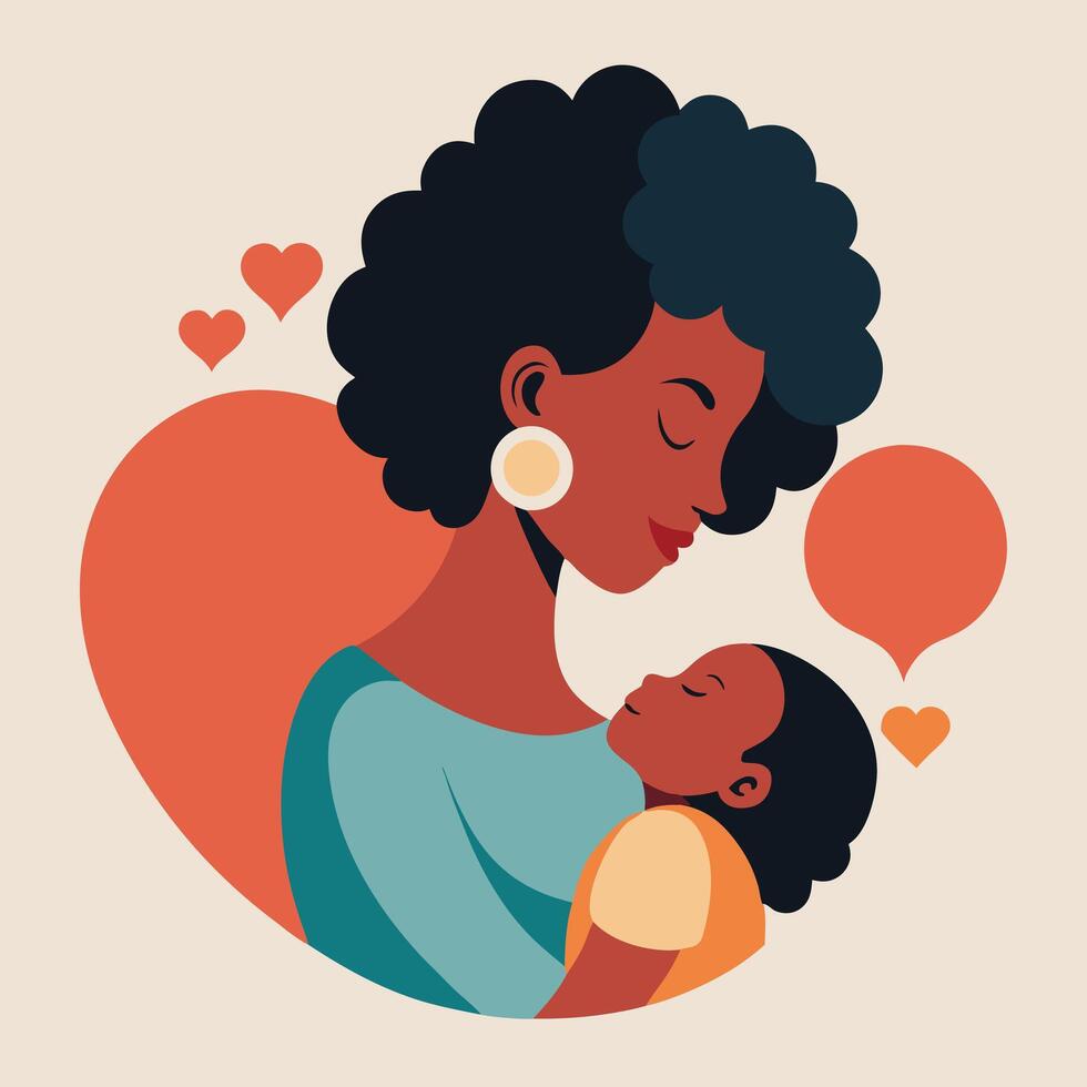 African american mother holding baby child in heart themed illustration vector