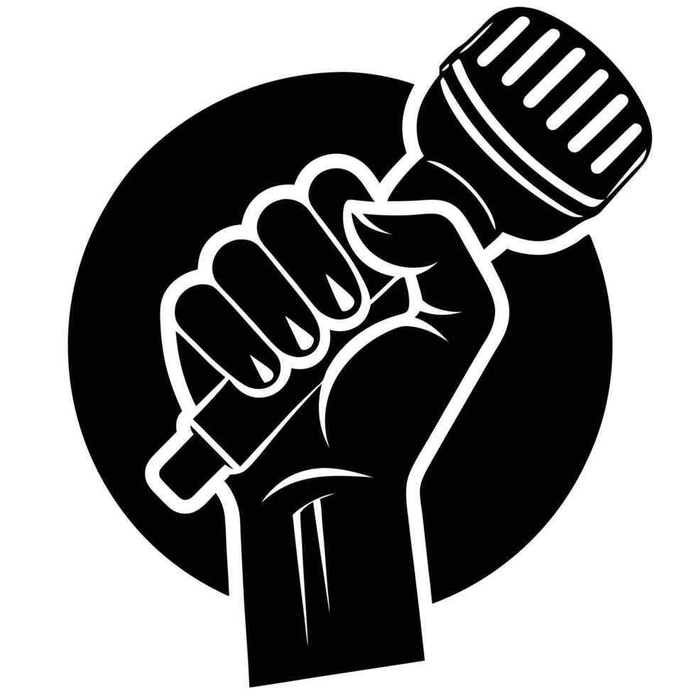 Black and white graphic hand holding microphone voice over broadcast illustration vector