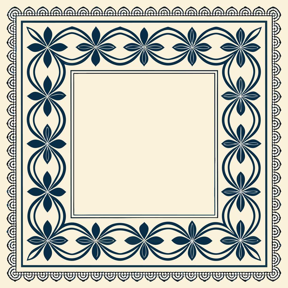 Elegant square frame with decorative floral elements and scalloped edge in navy and beige vector