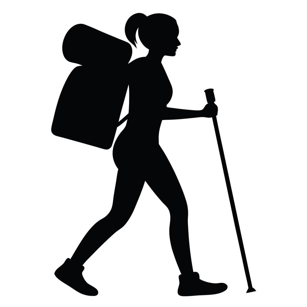 Silhouette of a woman hiking with backpack and trekking pole in black and white vector