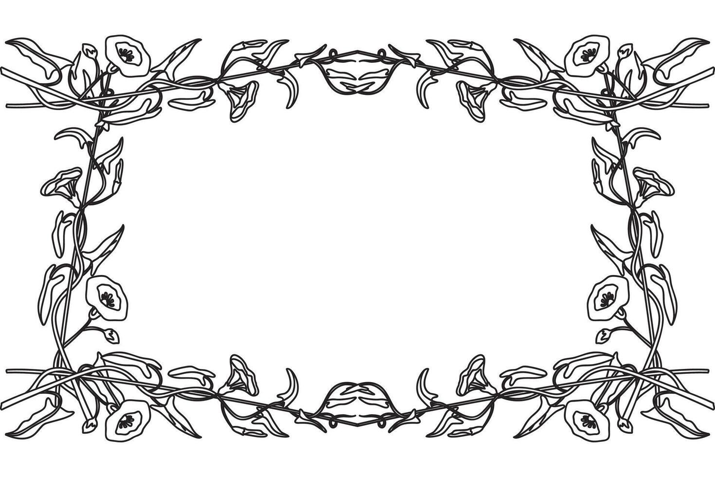Line art botanical floral frame isolated on white background. Hand drawn outline bindweed plant with Flowers Stems Leaves illustration. Graphic design element for Birthday Wedding Greeting Card vector