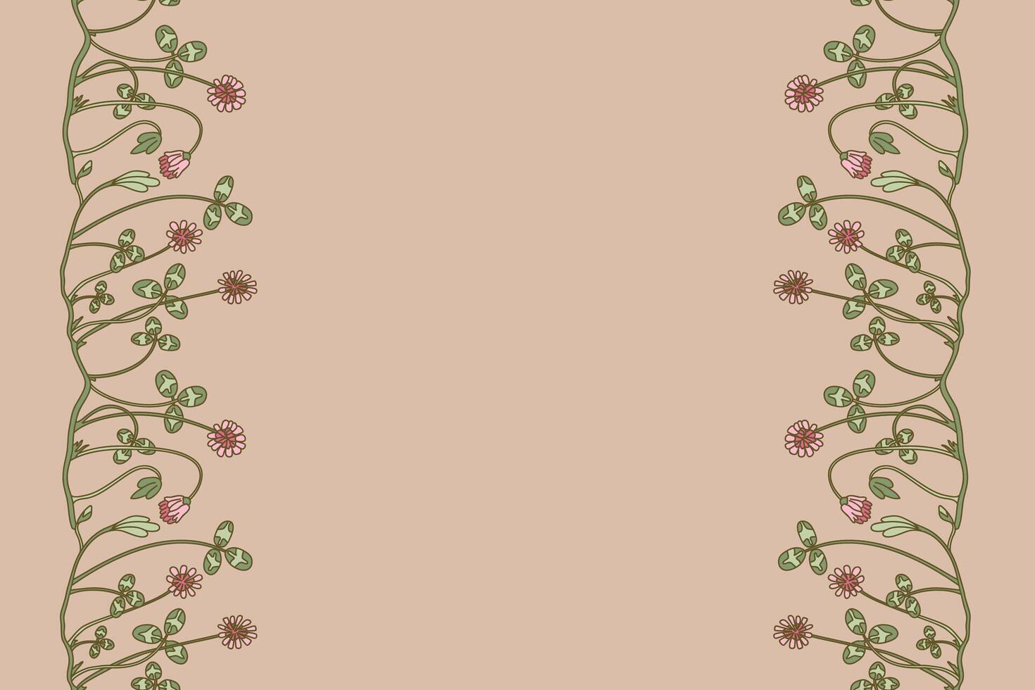 Botanical floral seamless border isolated on beige background. Hand drawn doodle clover plant with Flowers Stems Leaves illustration. Graphic design element for Birthday Wedding Greeting Card vector
