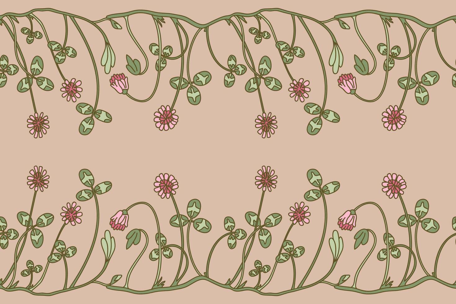 Botanical floral seamless border isolated on beige background. Hand drawn doodle clover plant with pink Flowers Stems green Leaves illustration. Graphic design element for Birthday Wedding Invitation vector