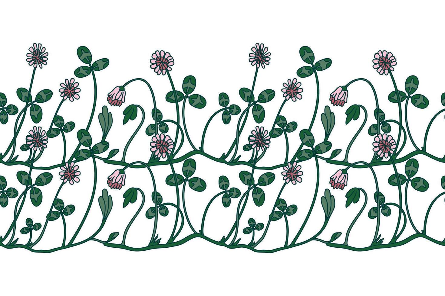 Botanical floral border isolated on white background. Hand drawn doodle clover plant with pink Flowers Stems green Leaves illustration. Graphic design doodle element for Birthday Wedding Greeting Card vector