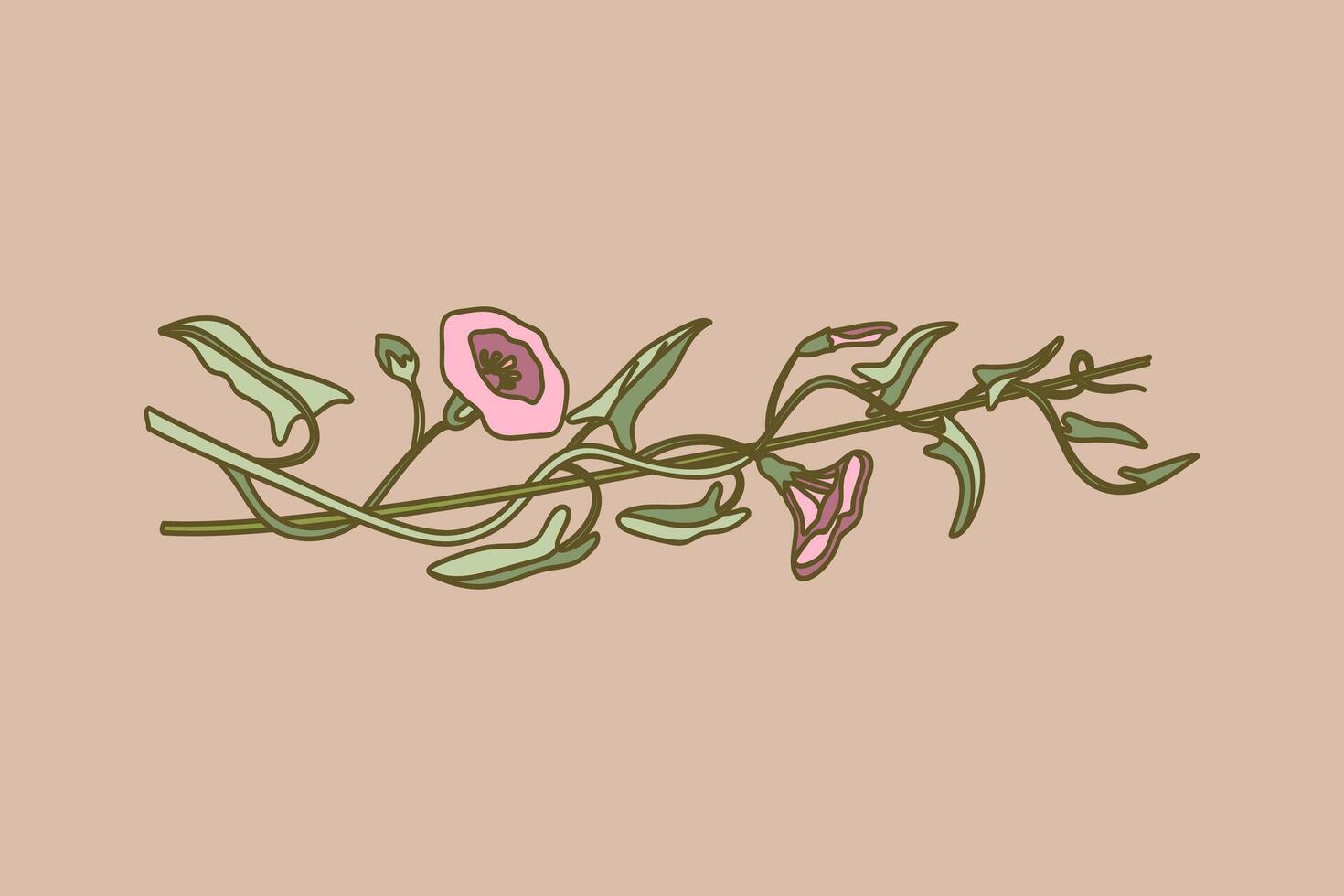 Botanical floral horizontal border isolated on beige background. Hand drawn bindweed plant with pastel pink Flowers Stems green Leaves illustration. Graphic design element for Birthday Wedding vector