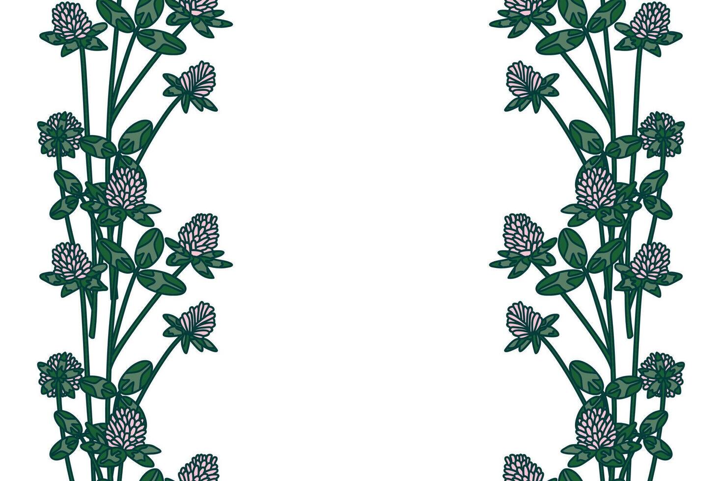Botanical vertical floral border isolated on white background. Hand drawn clover plant with pink Flowers green Leaves Stems illustration. Graphic design element for Birthday Wedding Greeting vector
