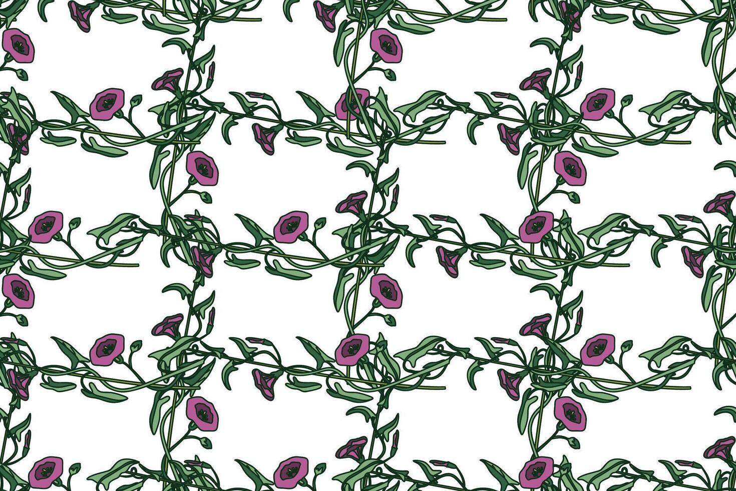 Botanical floral seamless pattern illustration. Repeating bindweed plant with purple Flowers Stems Leaves in white background. Graphic design for Fashion Cover Textile Wedding Greeting Card Print vector
